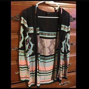 Tribal Aztec print hooded cardigan duster